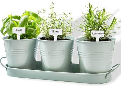 vensovo Indoor Herb Planter Set - Galvanized Windowsill Garden Pots with Tray & Drainage, Set of 3 Metal Window Planters for Kitchen & Outdoor Use, Light Green