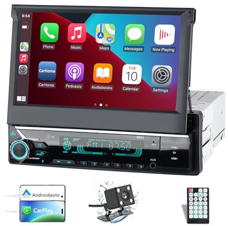Autoradio 1 Din con Schermo a Scomparsa,7 Pollici Touchscreen Telescopico Manuale Stereo Auto con Telecamera Posteriore,supporto Apple Carplay/Android Auto/Mirror Link/FM(A Scomparsa non automatica).