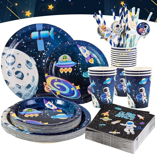 EASY JOY 96 PCS Space Themed Paper Plates Cups Napkins | Space Party Tableware Solar System Astronaut Birthday Decor Galaxy Straws for Boys Kids Birthday Baby Shower Party Supplies