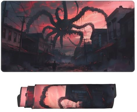 Large Gaming Mouse Pad - Giant Monster Over City Rubber Base Desk Mat, Desk Pad with Stitched Edges, Mousepad for Laptop, PC Keyboard Mouse Mat for Work Game Office 16x29.5in