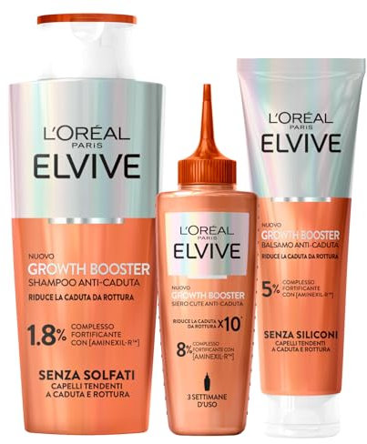 L'Oréal Paris Elvive Kit Anti-Chute Growth Booster Cheveux Abîmés Elseve Fiber Booster Shampoing 200ml + Après-Shampoing 150ml + Sérum 102ml avec Aminexil-R Niacinamide - Lot de 3