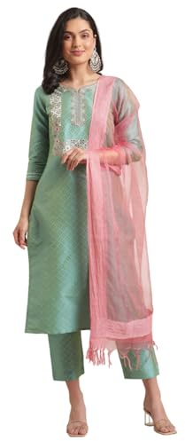 Jaanvi fashion Ensemble Kurta brodé floral avec dupatta en soie Bhagalpuri - Encolure en cœur, manches 3/4, taille élastique et bords à pompons, Vert, L