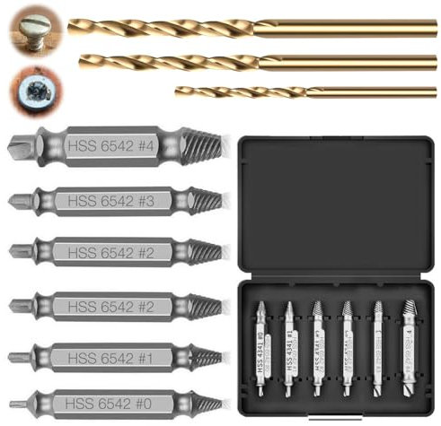 PLLYPE 9 Stück Schraubenausdreher Set, Beschädigte Schraube Entferner Extraktor Set, Linksausdreher Set mit 3 Spiralbohrer, Hergestellt aus HSS 6542, Härtegrad HRC 63-65, Zum Bohren und Entfernen