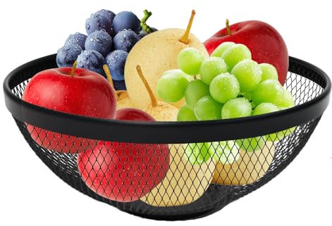 Gzsekken Fruit Bowl, Black Metal Wire Fruit Baskets for Kitchen,25 x10.5cm Large Wire Fruit Bowl,Modern Wire Round Basket for Vegetable Snack Table Décor