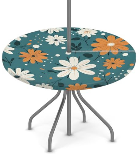 Woltant Nappe ronde avec trou de parasol et fermeture éclair facile à nettoyer avec bords élastiques - Protection de table d'extérieur pour jardin, terrasse, barbecue - Motif marguerites bleues