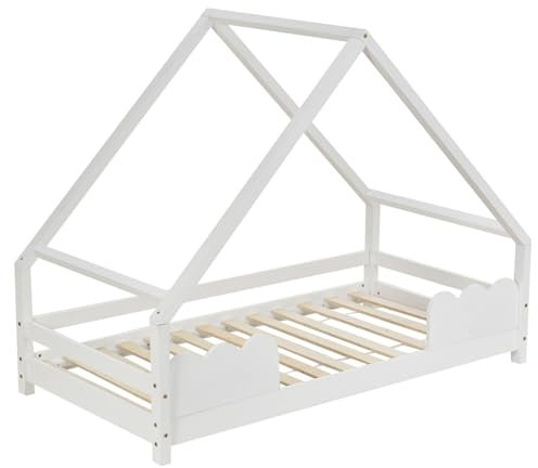 Hausbett Spielbett aus Massivholz mit Dachform, Holzrahmen mit Lattenrost und Rausfallschutz, modernes Design mit abgerundeten Kanten, stabile Konstruktion für sicheres Schlafen und Spielen (Weiß)