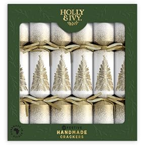 Holly and Ivy Festive Christmas Crackers – Gold Trees Design – 12 Inch Handmade Crackers with Hats Jokes and Gifts – Box of 12