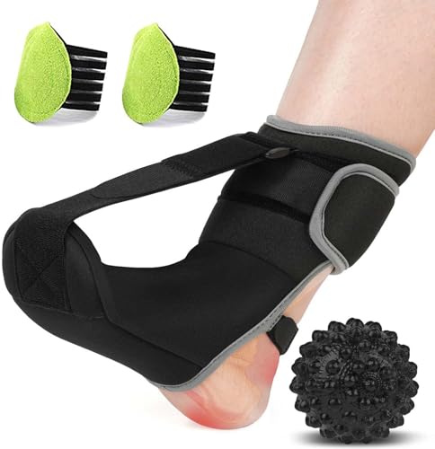 Luxvara Plantarfasziitis Nachtschiene Verstellbar mit Fußgewölbe Bandage und Massageball, Flexible Knöchelbandage, Ultra Dünn Fußbandage, Atmungsaktiv, Tag und Nacht Verwenden, Schwarz