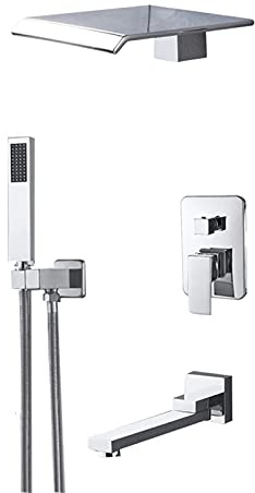 Chrome Rain Mixer Shower Combo Set Wall Mounted 3 Way Shower System with Waterfall Rainfall Shower Head, Handheld Shower and Tub Spout Faucet