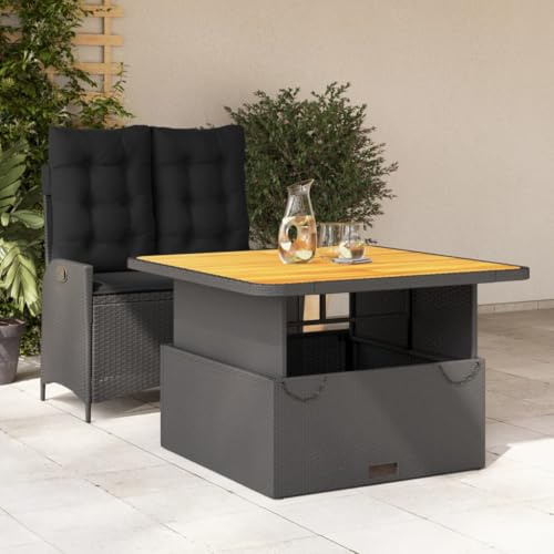 QJBSAVVA 2-TLG. Poly-Rattan Garten-Essgruppe schwarz 104x59x93 cm mit Verstellbarer Rückenlehne & höhenverstellbarem Tisch 110x110 cm Modernes Lounge-Set für Balkon Terrasse und Garten