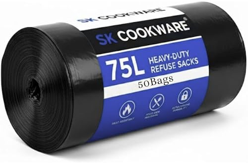 Extra Strong 75L Heavy Duty Black Bin Bags – 50 Refuse Sacks, 30 Micron Thick, Recycled Eco-Friendly Trash Bags, Tear & Leak Resistant, Ideal for Home, Kitchen, Office & Garden Waste