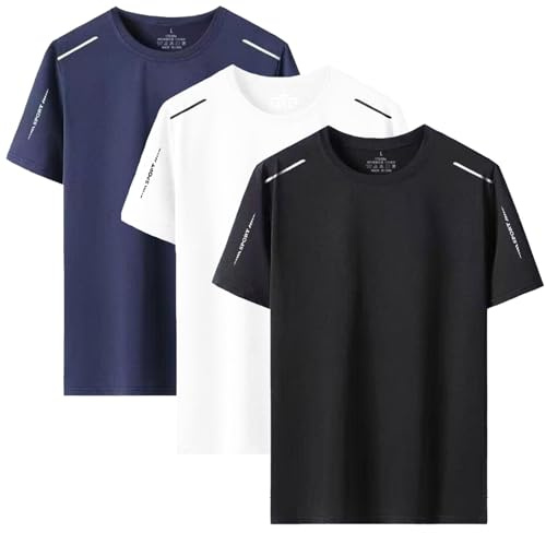 3 Pack Mens T-Shirts Quick Dry Sport Tops Breathable Moisture Wicking Athletic Gym Tshirts Crew Neck Running Workout Shirts (UK, Alpha, S, Regular, Regular, Black+Blue+Gray)