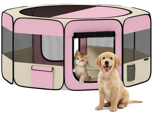 PawHut Parque Plegable para Perros y Gatos, Corralito Portátil para Animales Pequeños Impermeable de Tela Oxford con 2 Puertas, para Exterior e Interior, Ø90x41 cm, Rosa