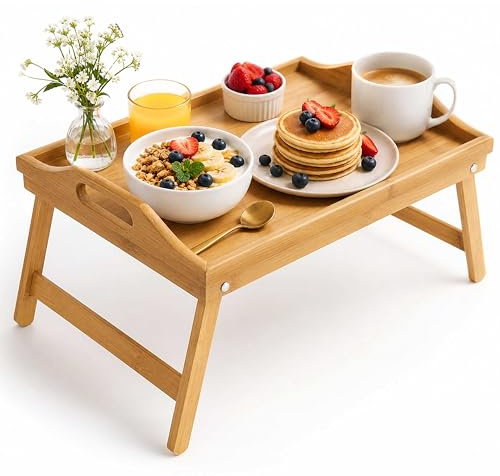 ADEPTNA Bamboo Bed Tray Table with Folding Legs Foldable Breakfast in Bed Tray, Portable Laptop Table, Serving Tray with Handles, Wooden Lap Desk for Eating, Reading & Drawing (40 x 32 x 18 cm)