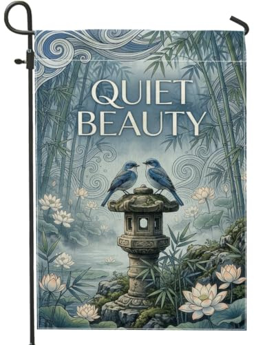 Bandera de jardín de pájaros, lirio de agua sereno asiático, primavera, azul, doble cara, arpillera, banderas decorativas para patio, césped, porche, entrada, camping, 12 x 18 pulgadas