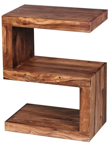 Wohnling Beistelltisch 44x30x60 cm Sheesham Massivholz S-Form, Couchtisch | Wohnzimmertisch im Landhausstil, Ablagetisch Braun massiv, handgefertigtes Unikat, Anstelltisch für Wohnzimmer