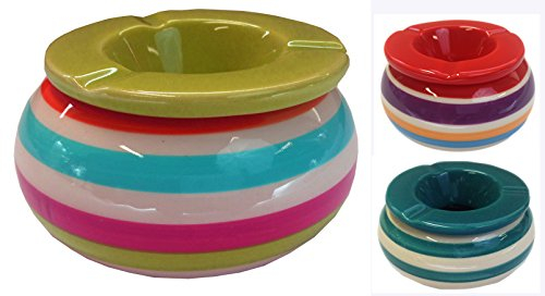 Posacenere in ceramica, posacenere da tavolo con coperchio, a strisce colorate (verde)