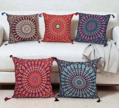 Third Eye Export Outdoor Throw Pillow Covers, Boho Decorative Cases, Set of 5 (Mandala Cushion Cover, 16X16 Inches)