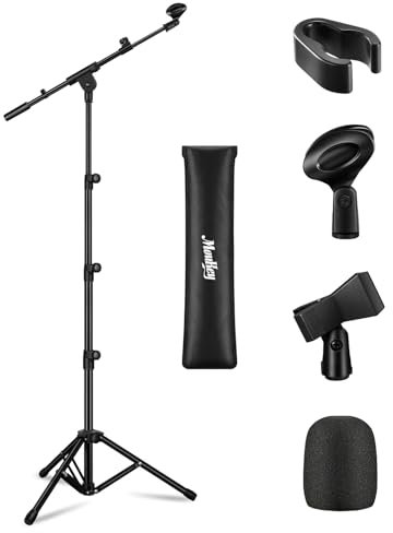 Moukey Mikrofonständer mit Stativ, verstellbarer Mikrofon-Bodenständer mit Mikrofonklammern, Schaumstoffüberzug und Tragetasche für Gesang, Karaoke, Bühne, MMs-3