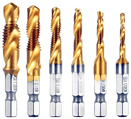 M3-M10 Kombi Gewindebohrer, 6 tlg 1/4'' HSS Schraube Sechskantschaft Senker Werkzeuge Bohrer Set Titan Maschinengewindebohrer Bits für Holz Kunststoff Dünnes Aluminium, Nicht für Hartes Metall