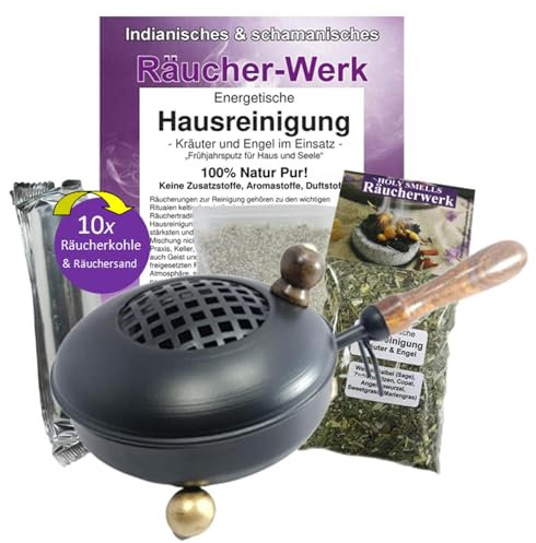 Energetische Hausreinigung räuchern 5-TLG Räucherset KRÄUTER & Engel Räuchermischung zum AUSRÄUCHERN von Wohnung, Praxis mit XL RÄUCHERPFANNE + Räucherkohle + Räucheranleitung 81043-P12