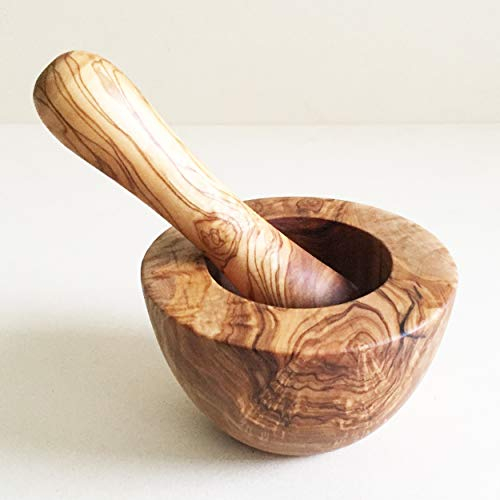 Mortaio generico con pestello appiattito, dimensioni a scelta, mortaio da cucina, mortaio per spezie, in legno d'ulivo, realizzato a mano (Ø 12 cm)