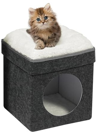 Bonlife Winter Small Cat House Indoor,Foldable Felt Pets Bed Cave Kennel,Cat Condo with Lids,Cat Hideaway Warm Comfortable,Dark Grey,32X32X39CM