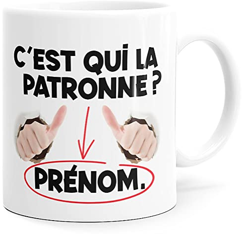 Mug Humour Personnalisable Prénom C’est Qui la Patronne Tasse Message drôle Personnalisé. Idée Cadeau Original pour Amie Couple Amoureuse Collègue Femme Sœur Mère pour Anniversaire Noël Fête.