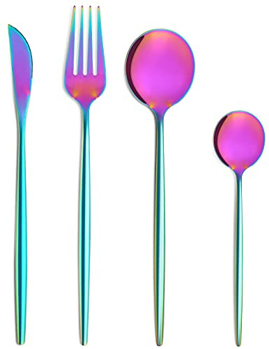 Bestdin Set de couverts arc-en-ciel pour 6 personnes, 24 pièces en acier inoxydable, couverts colorés avec couteau, fourchette, cuillère, passe au lave-vaisselle