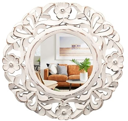 Wall Mirror,Solid Wood Frame Vanity Mirror, Farmhouse Decorative Wall Mirror for Bathroom, Bedroom, Living Room & Entryway, Vertical/Horizontal Hanging, 10x10 White Antique ,Wood & Glass