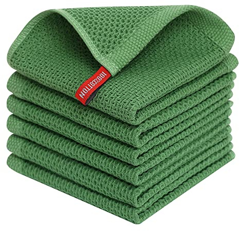Homaxy 100% Cotton Waffle Weave Kitchen Dish Cloths, Ultra Soft Absorbent Quick Drying Dish Towels, 12 x 12 Inches, 6-Pack, Grass Green | 12 x 12 Inches, Ultra Soft Absorbent Dish Towels, Quick Drying Dish Rags with Hanging Loop