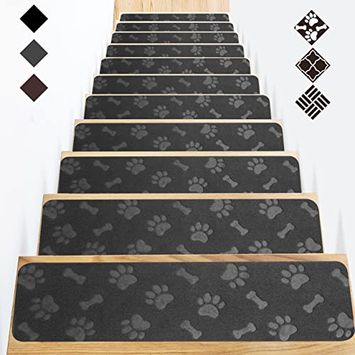GOYLSER Treppenmatten für Holztreppe,Anti-Rutsch-sichere Treppen-Teppich Tritte mit doppeltem selbstklebenden für Älteste,Kind,Haustiere(76 * 20cm 15pack Schwarz Hundepfote)