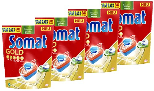 Somat Gold Spülmaschinen Tabs (4 x 80 Tabs), Geschirrspül Tabs für strahlend sauberes Geschirr auch bei niedrigen Temperaturen, Extra-Kraft gegen Eingebranntes