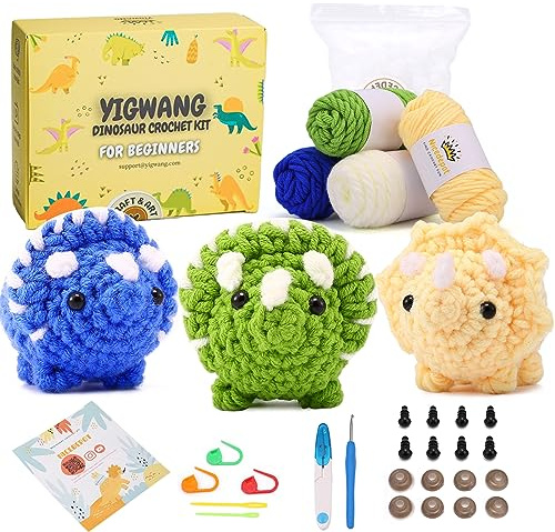 Häkelset für Kinder, Erwachsene und Anfänger, komplettes Häkel-Stater-Set mit Schritt-für-Schritt-Video-Anleitungen und Anleitung (evtl. nicht in deutscher Sprache), Triceratops Amigurumi