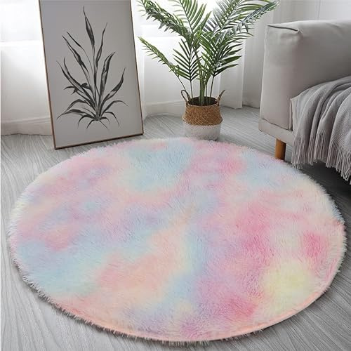 Yifugad Fluffy Colorful Plush Rug, Bedroom Area Rug, Round Rainbow Rug for Children's Girl Bedroom Suitable for Decoration (100x100cm, Round)