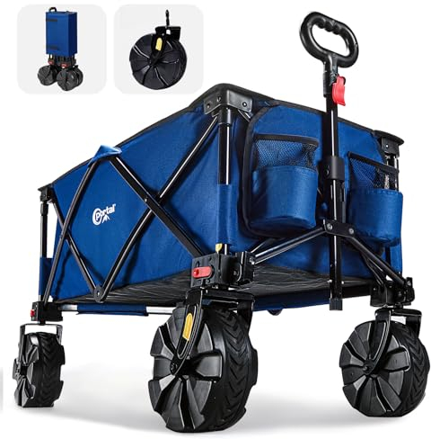 PORTAL Folding Beach Trolley Festival Camping Trolley Cart with All Terrain Big Wheels Heavy Duty Garden with Quick-release Wide Wheels Collapsible Pull along Wagon Trailer Supports 110kg