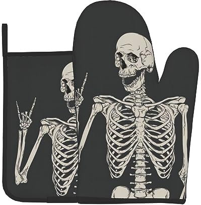 Opsrey Skull Rock Roll Skelett Knochen gedruckt wiederverwendbare Küche Kochen Handschuhe Ofenhandschuh und Topflappen Set von 2