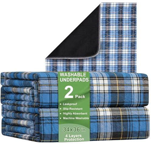 Bed Pads Washable Waterproof, Incontinence Bed Pads for Women and Men, Reusable Mattress Protector Underpads, Non-Slip, 36 x 34, Blue Plaid, 2 Pack
