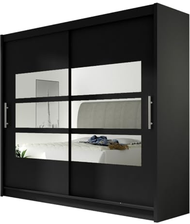Mirjan24 Kleiderschrank mit Spiegel London III, Schwebetürenschrank, 180x215x58cm, Schiebetürenschrank, Modernes Schlafzimmerschrank Garderobe (Schwarz, ohne Beleuchtung)