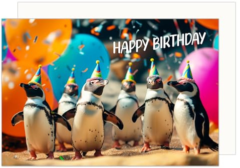 Edition Seidel Premium Geburtstagskarte mit Umschlag. Glückwunschkarte Tier Karte Billet Geburtstag Happy Birthday Mann Frau Coole Pinguine Bunte Ballons Lustige Party Humor (G3530 SW024)