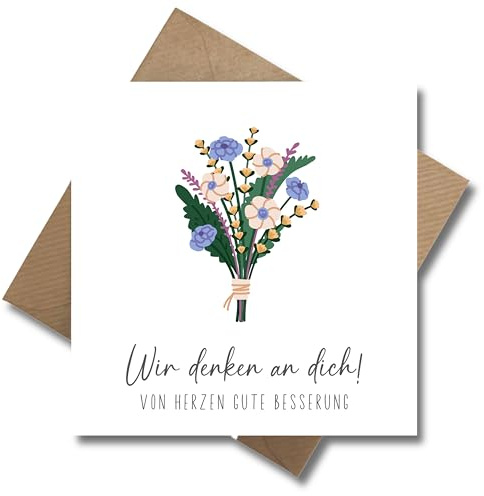 WBdesignz Gute Besserung Karte Wir denken an dich Blumenstrauß Pastel - Genesungkarte Gesundheit Besserungswünsche (125 x 125 mm)