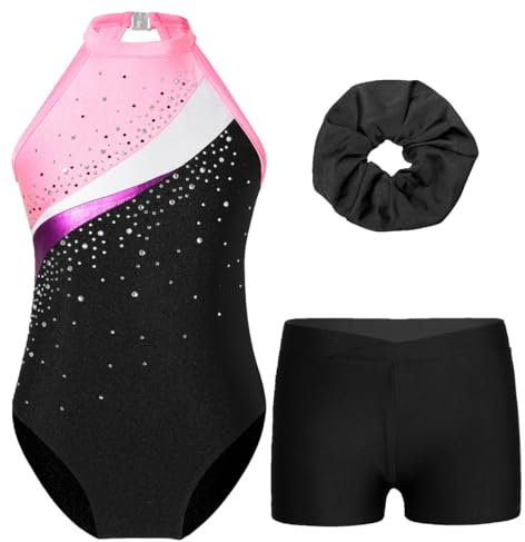 Yruioon Flicka gymnastikdräkt glitter ärmlös gymnastik leotard med korta byxor hårband barn gymnastikdräkt gymnastik kostym dans kostym, A svart och rosa, 110-116