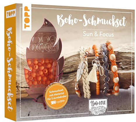 Boho-Schmuckset Sun & Focus (Orange): Anleitung und Material für 5 Armbänder im Boho Look zum Selbermachen. Bänder, Biegeringe, Perlen und Anhänger. Nickelfrei