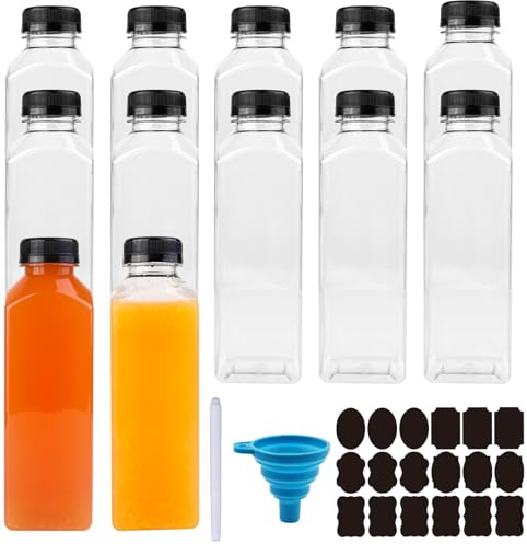 Chetexus Confezione da 12 bottiglie di plastica da 500 ml, vuote, riutilizzabili, con tappo, in plastica trasparente, con imbuto in silicone, per conservare bevande fatte in casa, latte