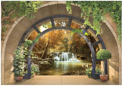 WallArena - Papier peint photo non tissé Vue sur la cascade par la fenêtre 7 - Papier peint photo - Pour salon et chambre à coucher - Effet 3D - Avec colle - Forêt paysagère