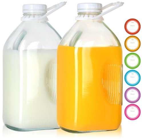 TOEKSIX 2 Pack 1900ml/64oz Glass Milk Bottles with Airtight Lids - Reusable Jugs Great for Juice, Water, and Other Drinks (1.9L)