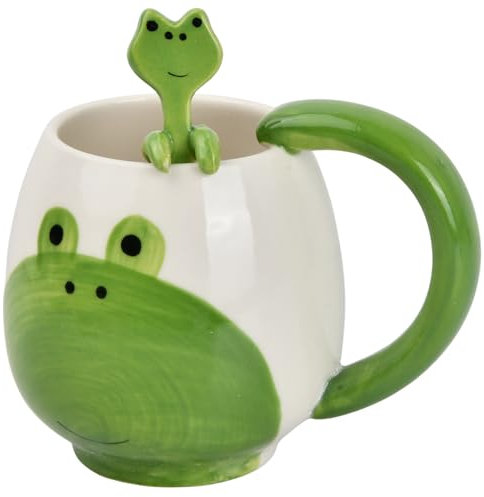 volumoon Tazza a Forma di Rana, 400ml Tazza da Tè in Ceramica, Tazza da Caffè con Cucchiaino, Tazza Mug Animali, Tazza Colazione, Tazza 3D Animali, Regalo per Donne, Amici, Bambini, Compleanno, Natale