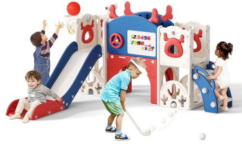 Scivolo di Natale a forma di alce,scivolo per bambini 11 in 1,con allacanestro,struttura,telescopio,spazio di archiviazione,golf,tavolo da disegno,scivolo extra lungo 1310 mm (blu-rosso)