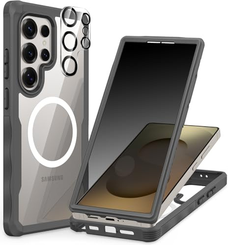 CENHUFO Sichtschutz Hülle für Samsung Galaxy S25 Ultra, Magnetisch Handyhülle mit Eingebautem Privacy Panzerglas Displayschutz und Kameraschutz 360 Grad Schutzhülle Stoßfest Cover Case - Grau