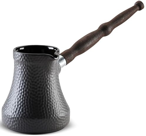 Cezve Ibrik Briki Turka - Cafetera turca de cerámica de 350 ml, color grafito martillado con mango de madera extraíble para cocinas eléctricas de gas